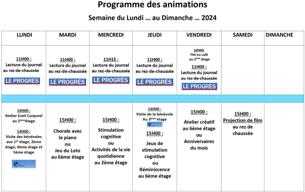 Programme d'animation pour une semaine type